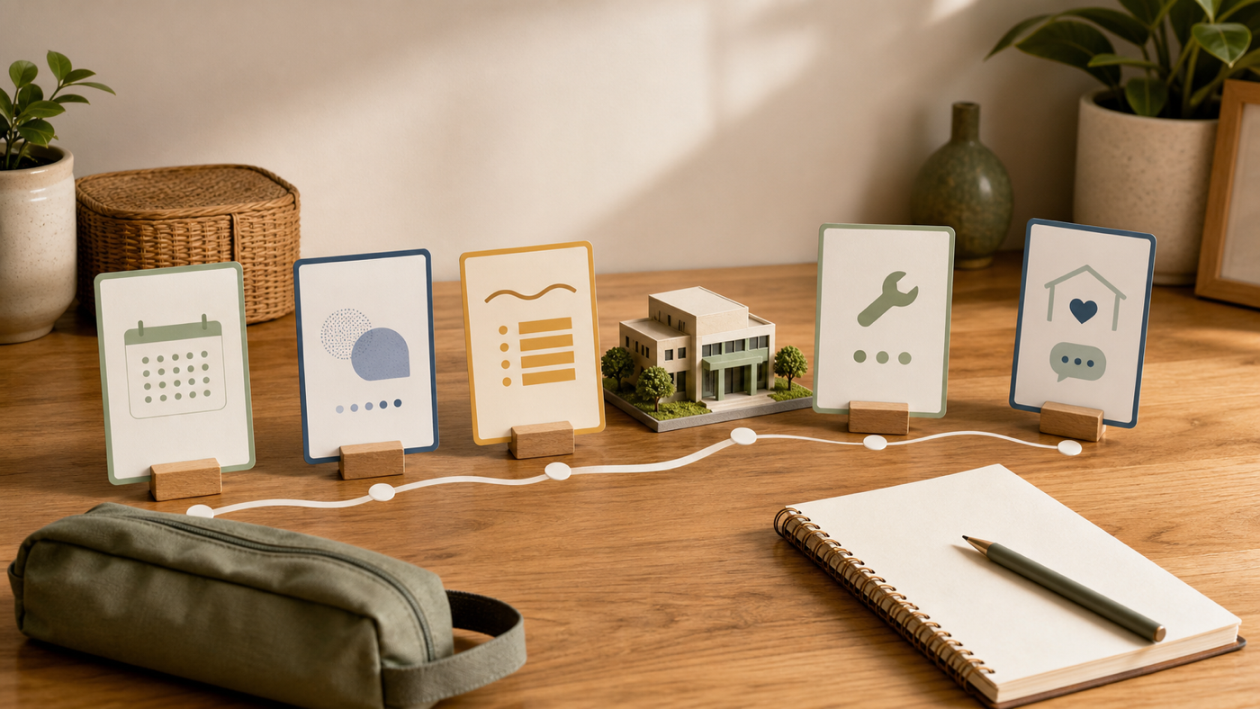 Sunlit desk with blank colour-coded journey cards, a generic building model, a pouch, and a notebook arranged as a simple path