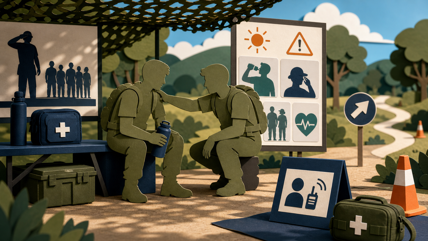 Editorial illustration of an NS training safety checkpoint with a buddy pair, hydration point, medical pouch, heat-warning board, and commander notification card