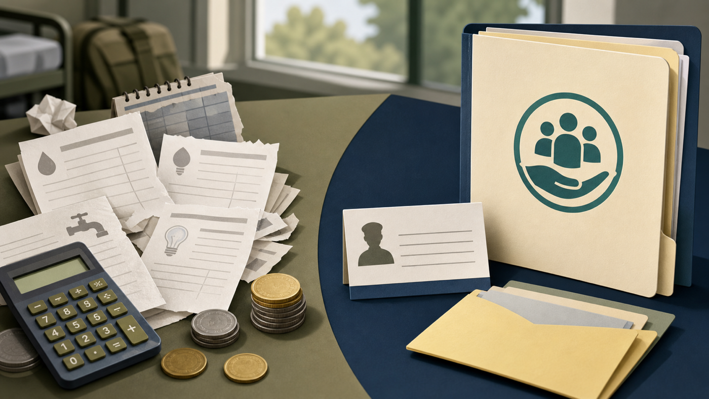 Editorial illustration of an NSF financial hardship support plan with allowance payslip, household bills, S1 assistance folder, and commander interview checklist