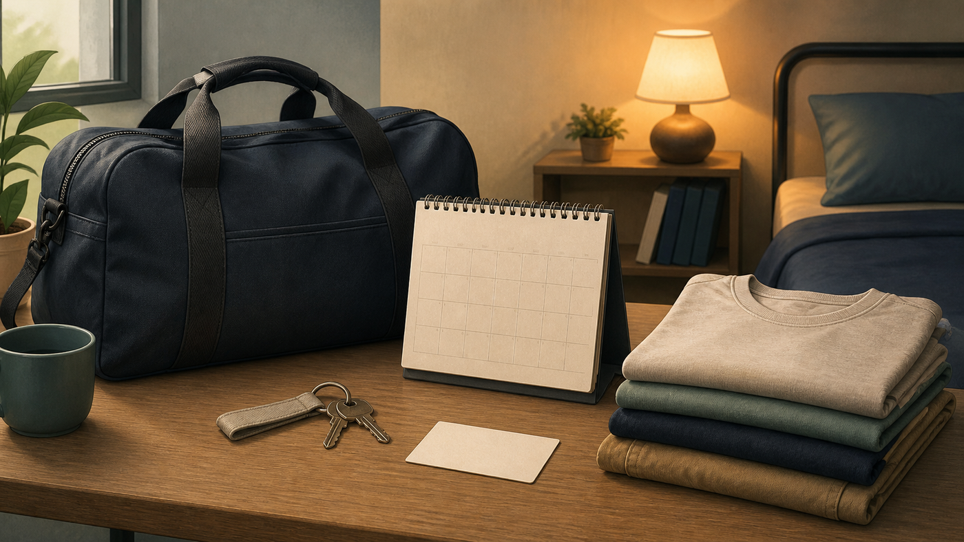 Editorial still life with a plain travel bag, house keys, a blank calendar, folded clothes, and a warm bedside lamp
