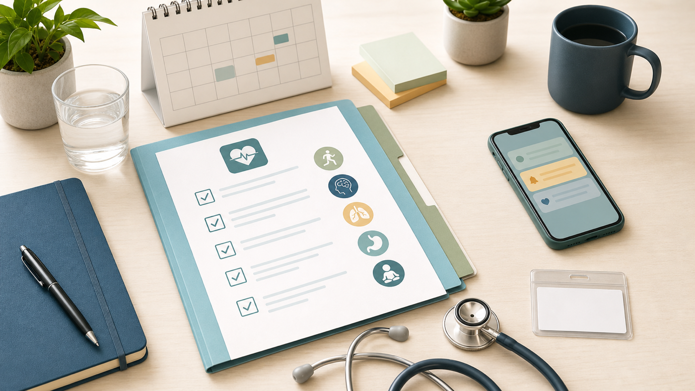 Editorial illustration of a health checklist folder, clinic calendar, stethoscope, generic ID sleeve, and phone notifications on a clean desk