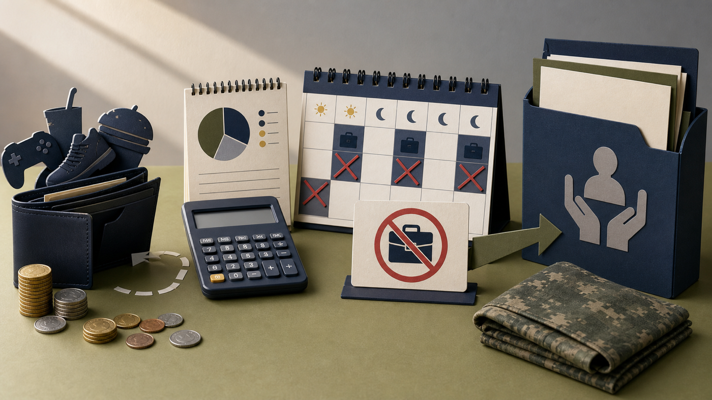 Editorial illustration of an NSF allowance budget beside a blocked side-job shift calendar, S1 support note, and weekend planning desk