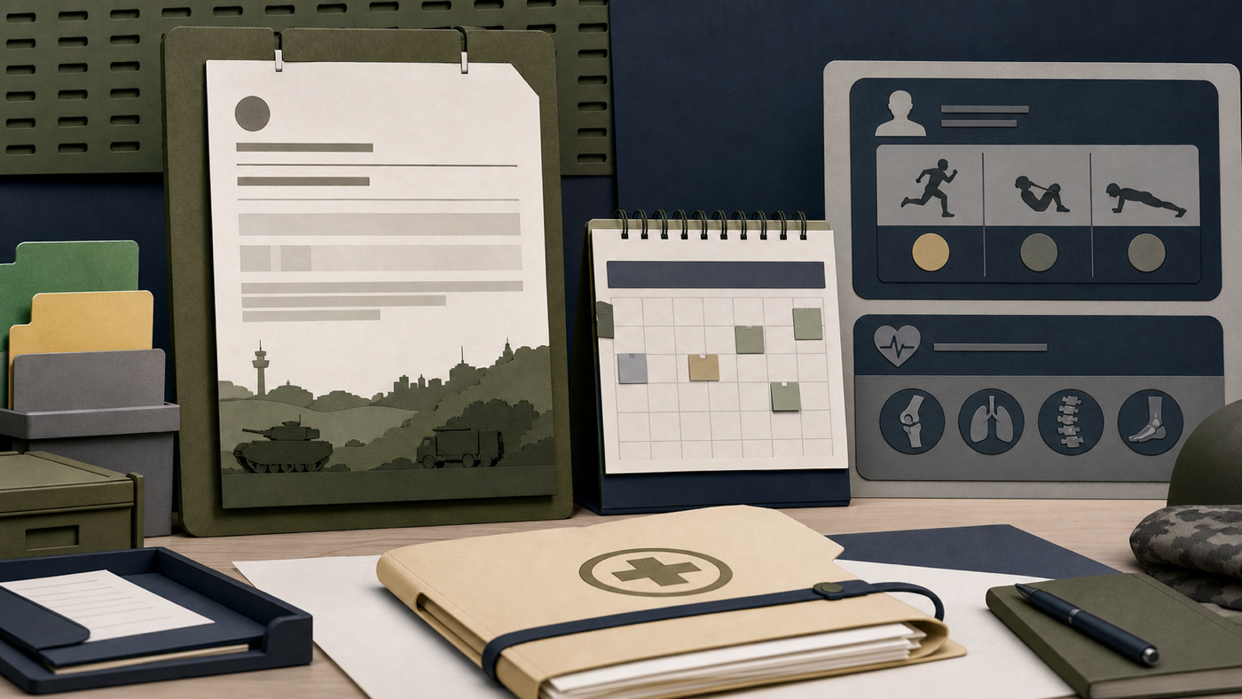 Editorial illustration of PES C and PES E NSman records beside an ICT calendar, IPPT status panel, SAF100 notice, and medical review folder