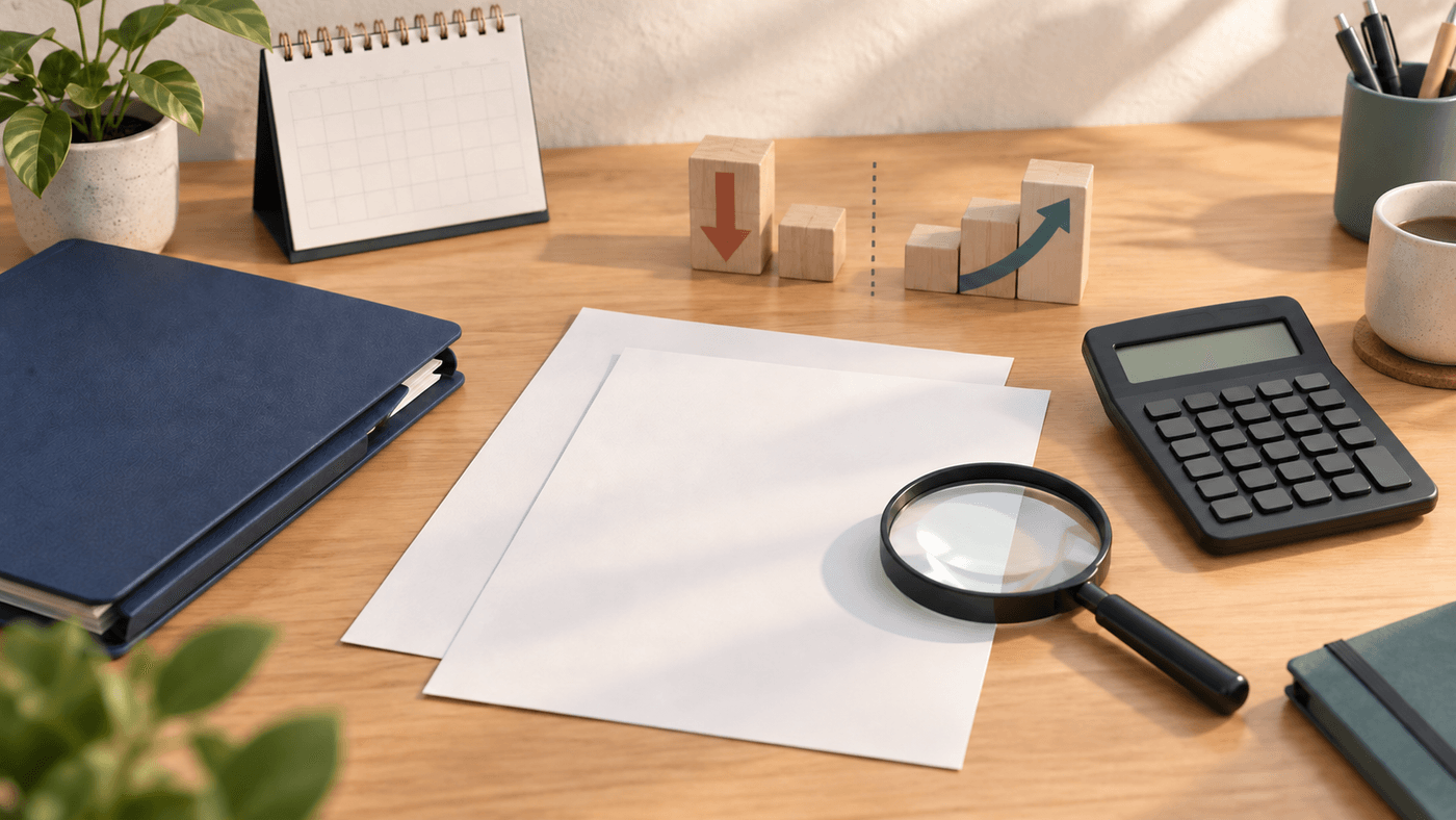 Warm editorial desk with blank assessment sheets, a records folder, calendar, unmarked calculator, magnifying glass, and wooden adjustment arrows