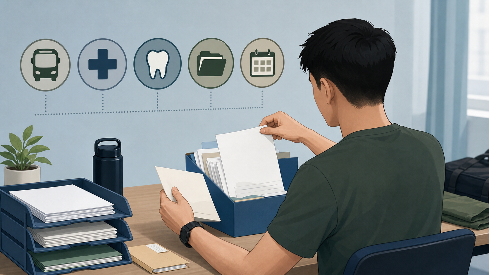 Neutral illustration of NSman claims documents for transport medical dental and pay