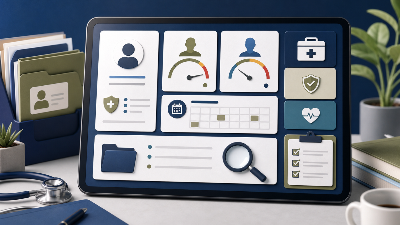Editorial illustration of OneNS medical fitness panels showing PES status, MCS exemptions, expiry dates, HSP status, and an official follow-up checklist