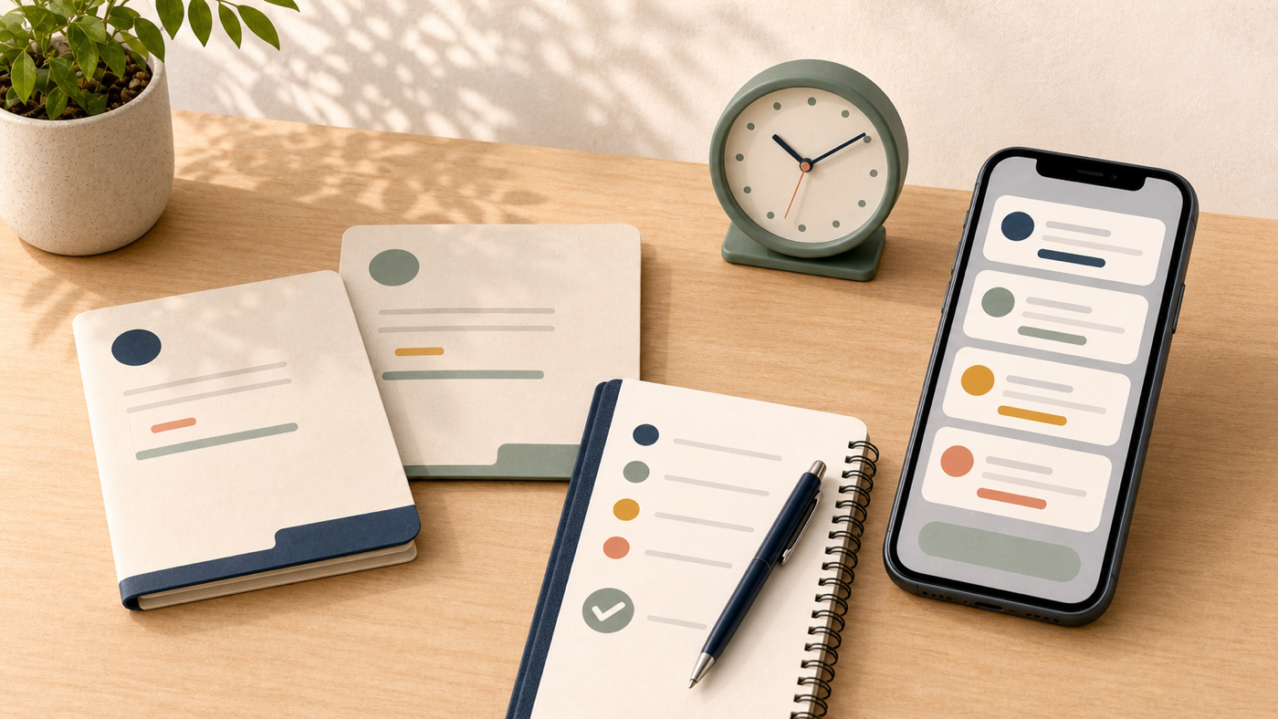 Editorial desk scene with a phone showing abstract status cards beside record folders, a clock, and a reconciliation checklist