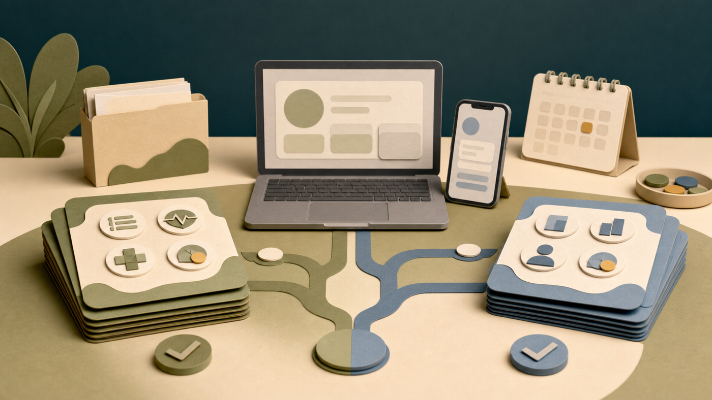 Editorial illustration of a laptop, phone, and colour-coded route cards separating SAF and Home Team NS administration