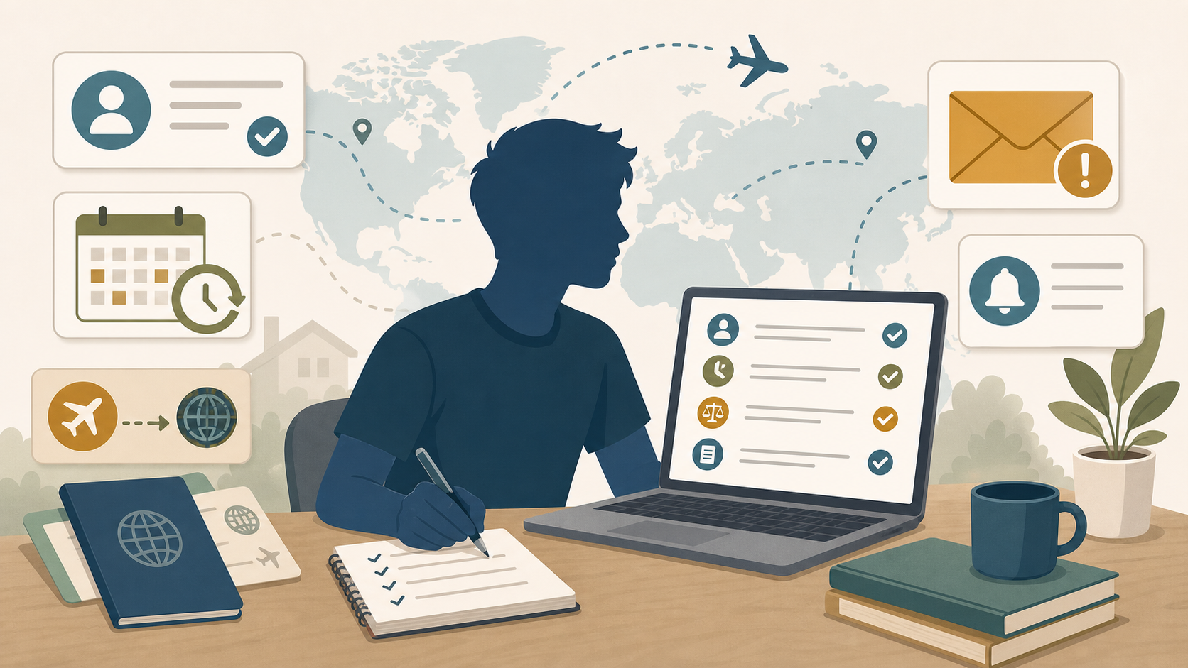 Neutral illustration of overseas NS registration and official notice tracking