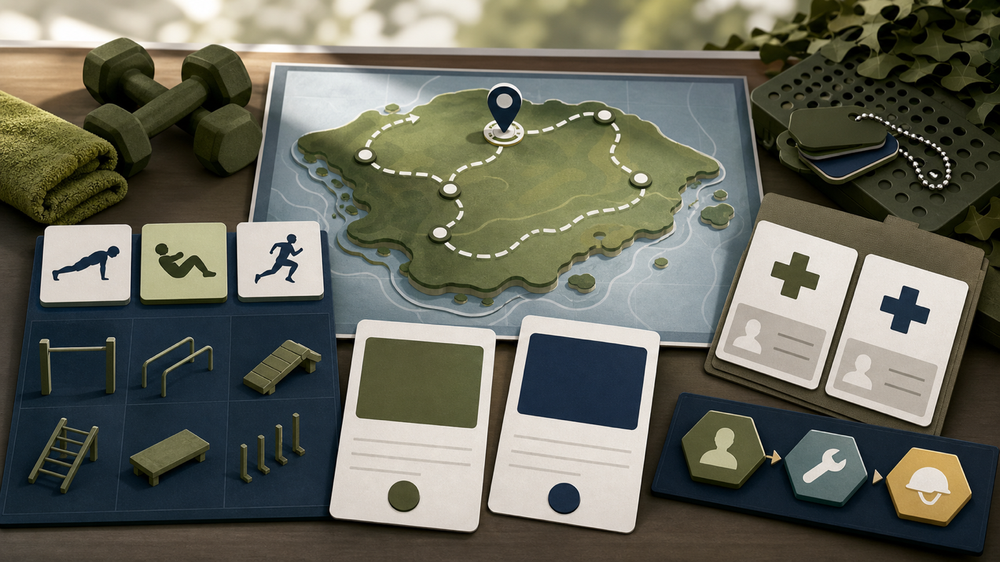 Editorial illustration of PES B2 and B3 BMT planning with a Tekong route board, IPPT station tiles, medical exemption cards, and vocation pathway markers