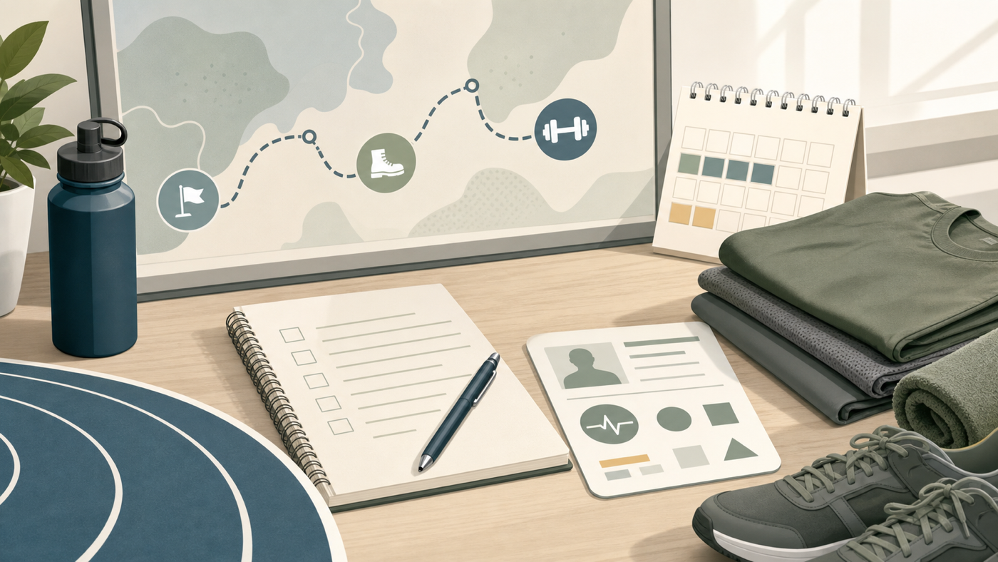 Editorial illustration of PES B4 enlistment planning with a route board, calendar, fitness track, generic medical card, and folded training items