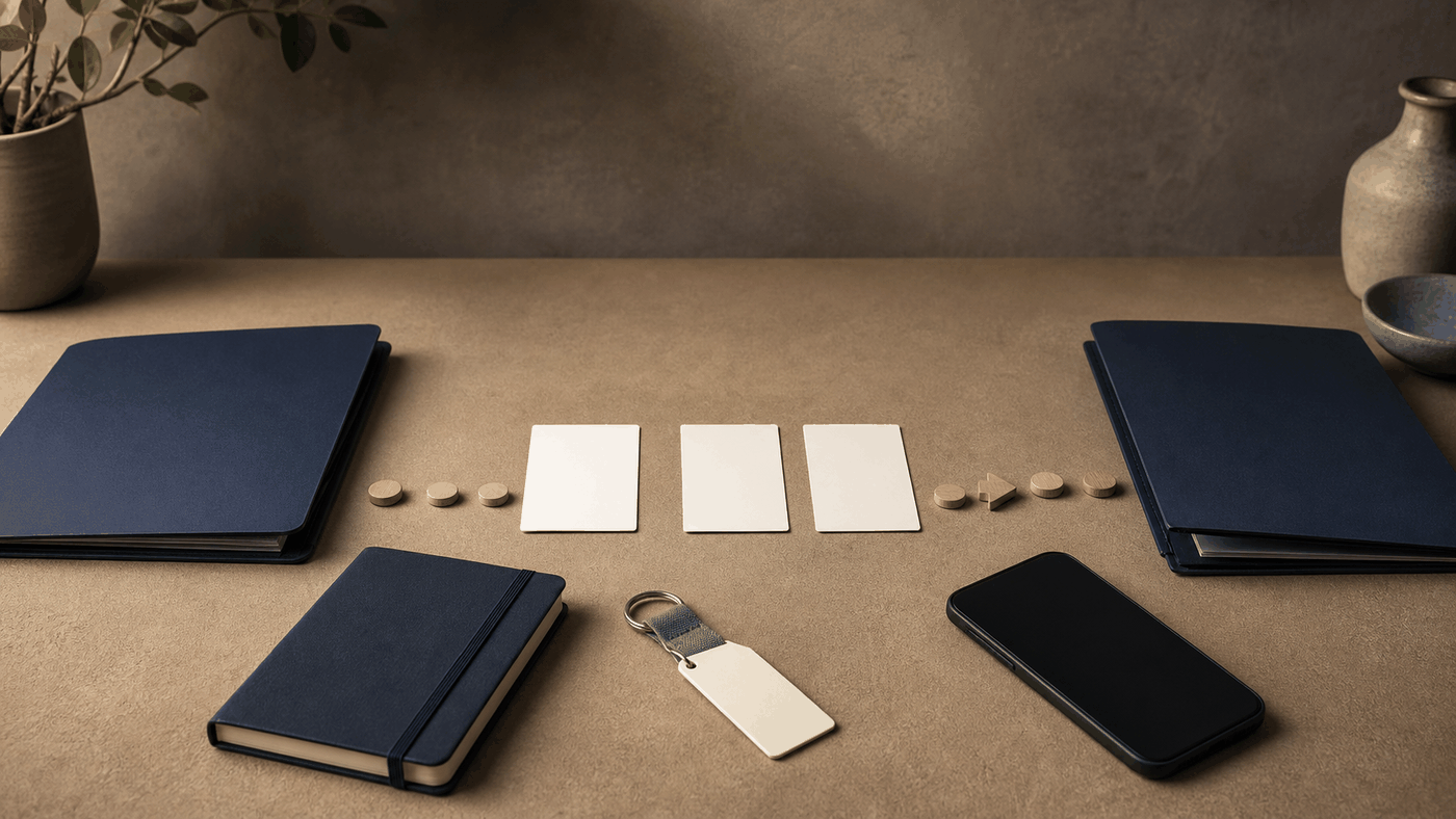 Warm editorial still life of two unbranded folders linked by blank route cards, a closed notebook, plain key tag, and blank-screen phone