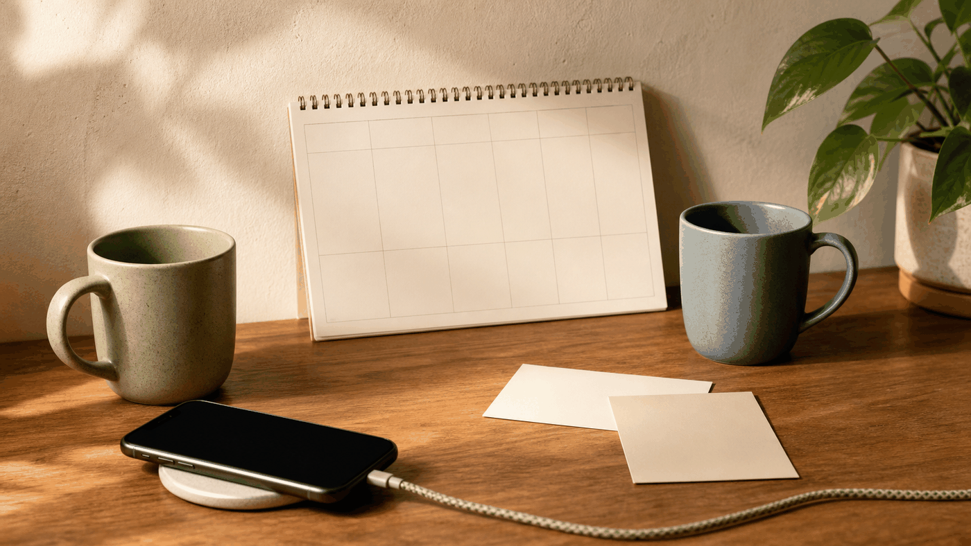 Warm editorial still life with two mugs, a blank shared calendar, a charging phone, and two simple activity cards
