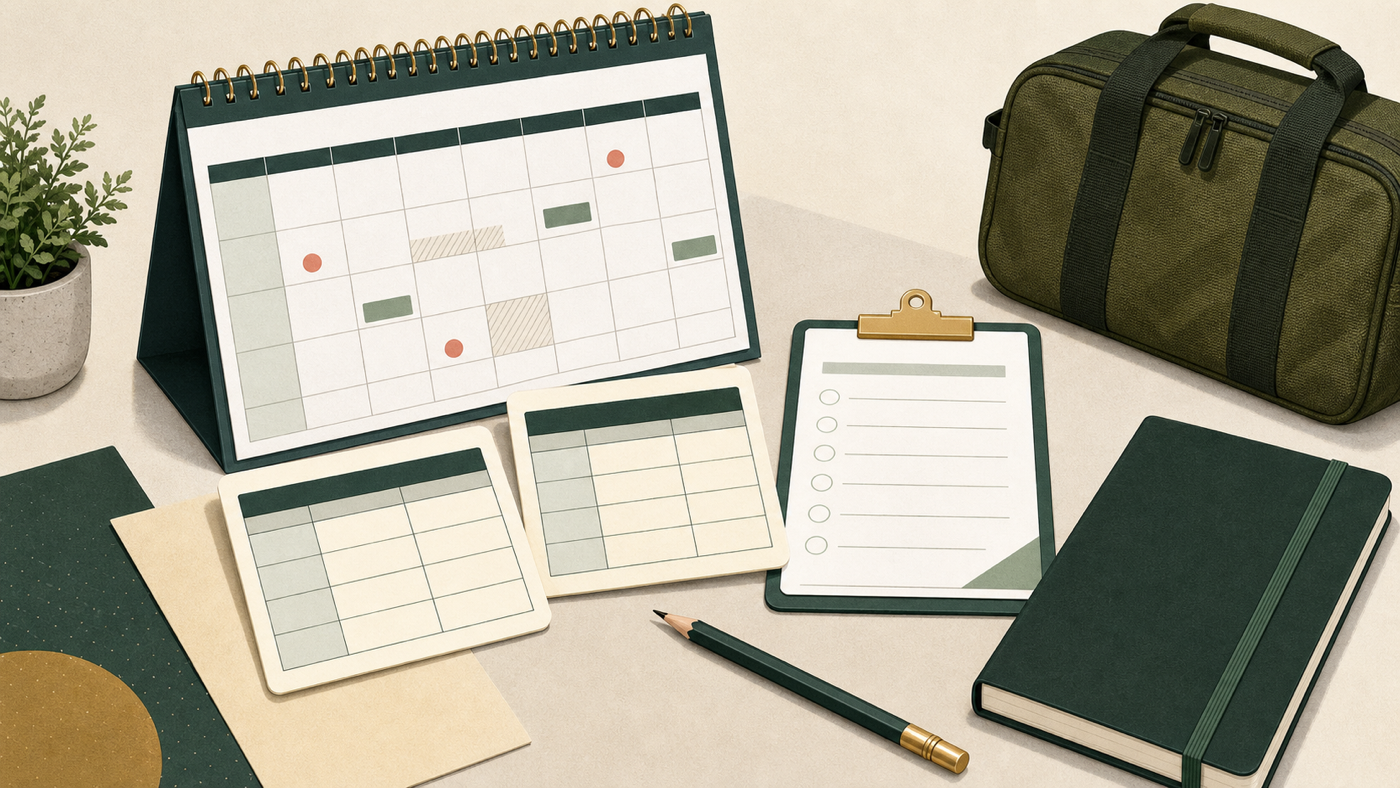 Neutral editorial illustration of exam timetables and NS schedule planning on a desk