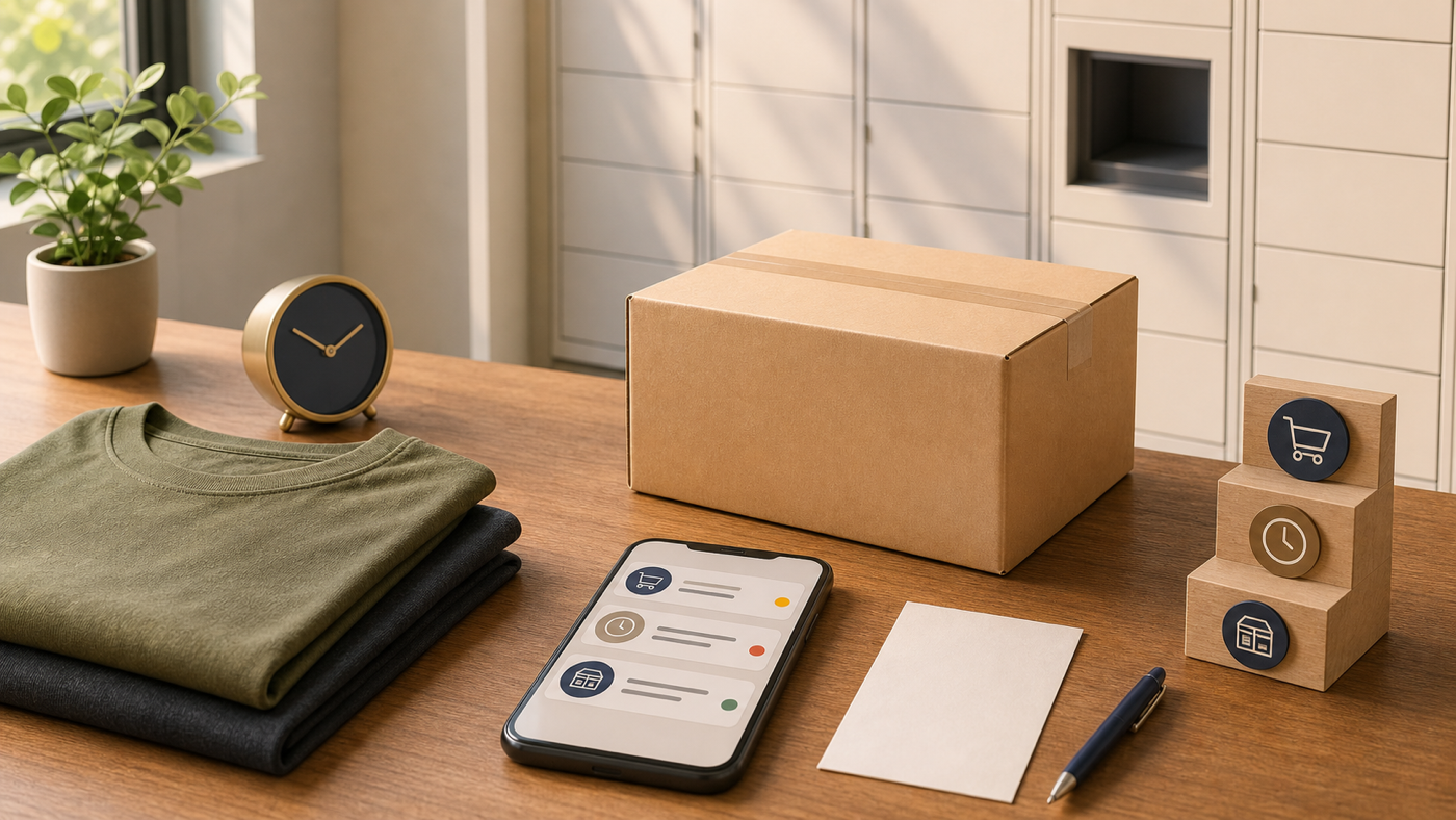 Warm editorial desk scene with a plain parcel, generic order-status phone, clock, folded clothing, and parcel lockers