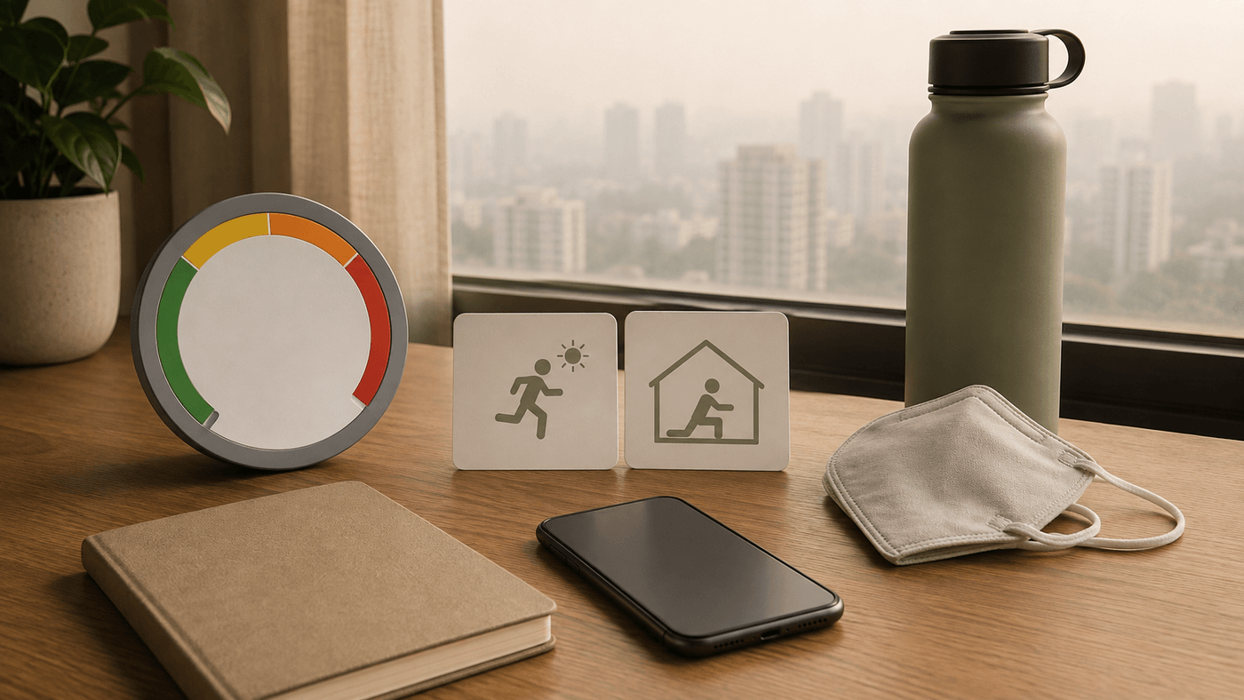 Editorial still life with a hazy skyline panel, air-quality gauge, indoor and outdoor activity tiles, blank phone, water bottle, and protective mask