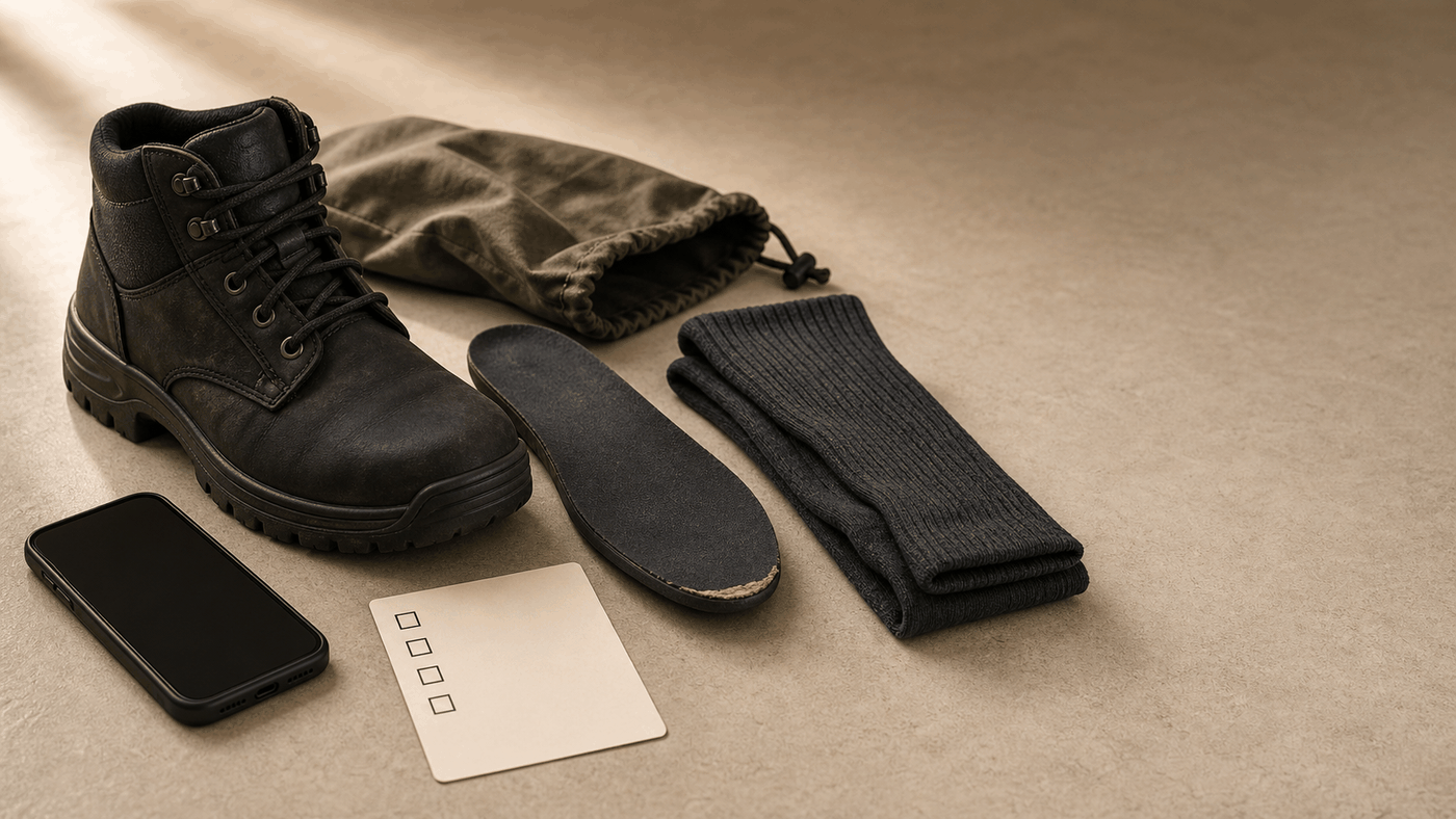Warm editorial still life of a generic dark work boot, worn-edged insole, folded charcoal socks, blank inspection card, pouch, and phone