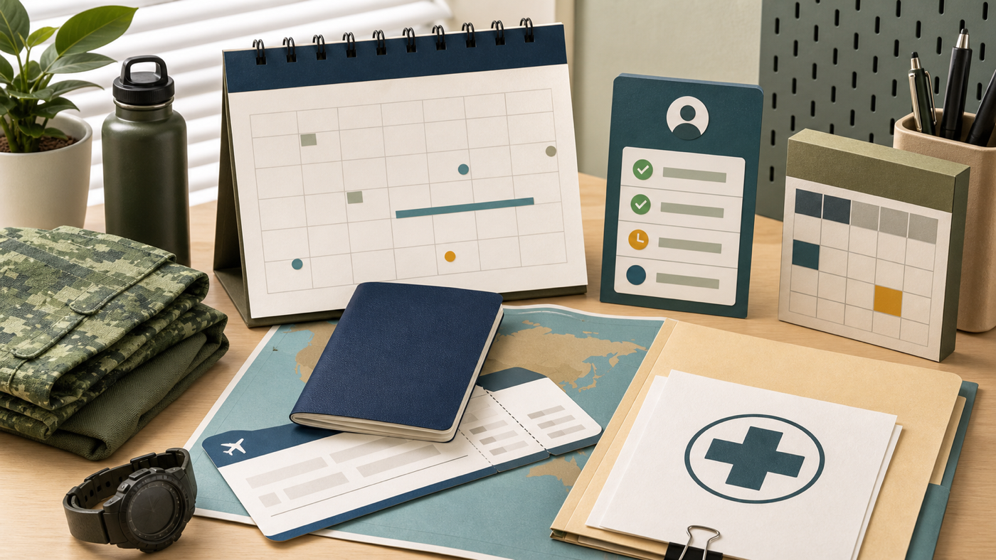 Editorial illustration of an NSF leave calendar with overseas approval stamp, passport, OneNS leave status, duty roster, and medical certificate folder
