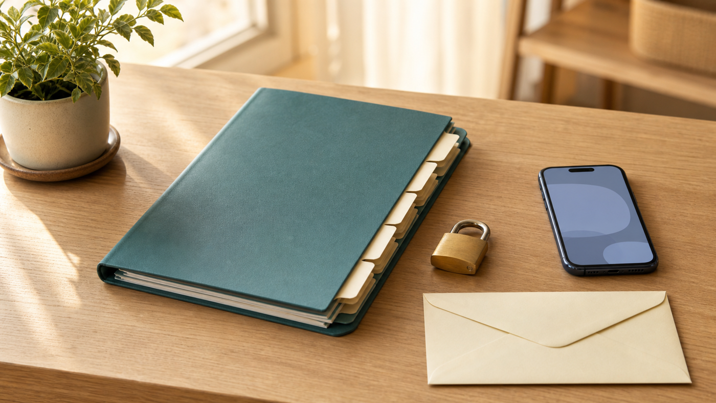 Warm desk scene with a closed teal record folio, blank dividers, brass padlock, phone with an abstract screen, and sealed envelope
