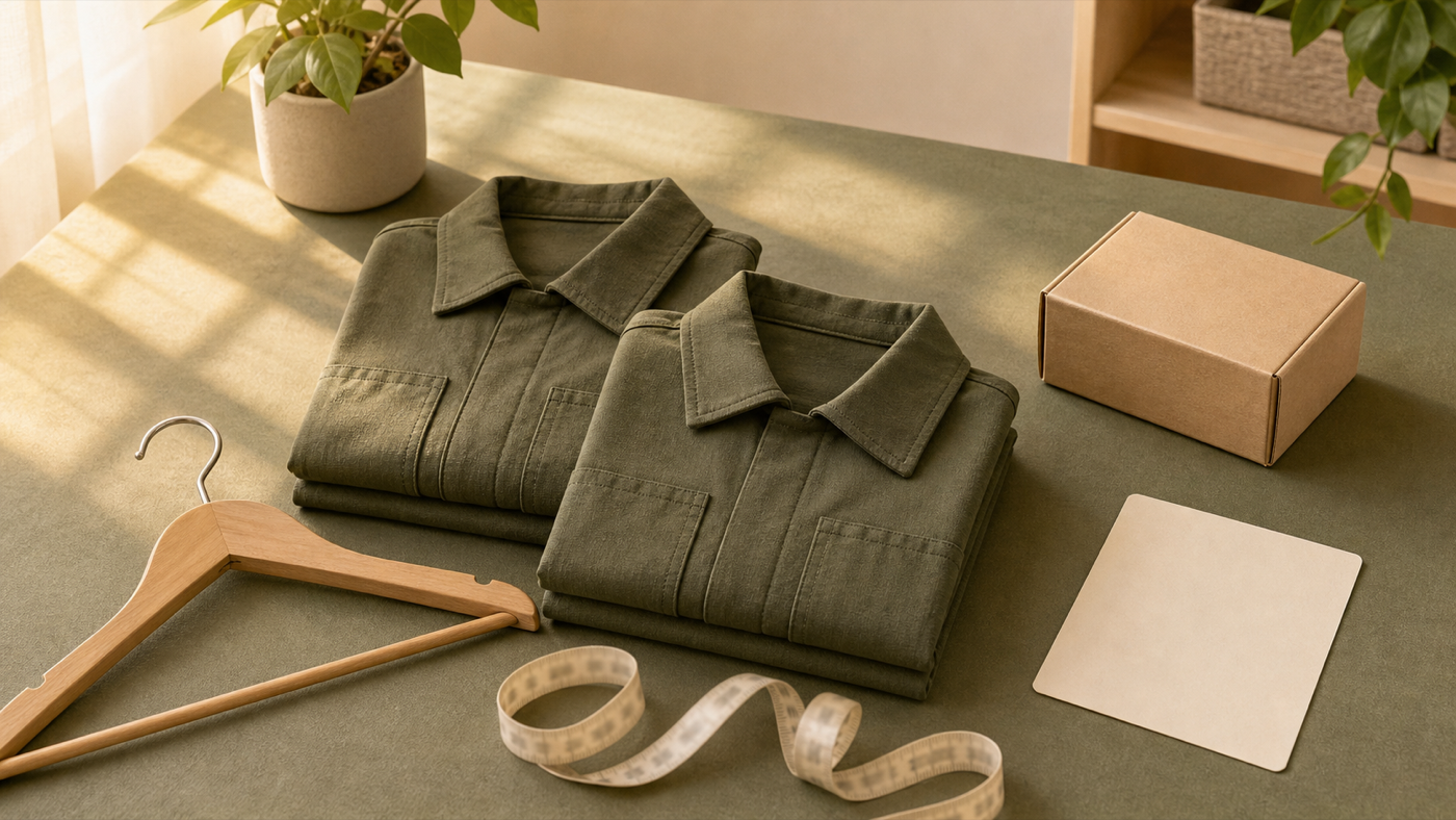 Warm desk scene with two folded plain olive shirts, a wooden hanger, blurred measuring tape, blank card, and parcel box