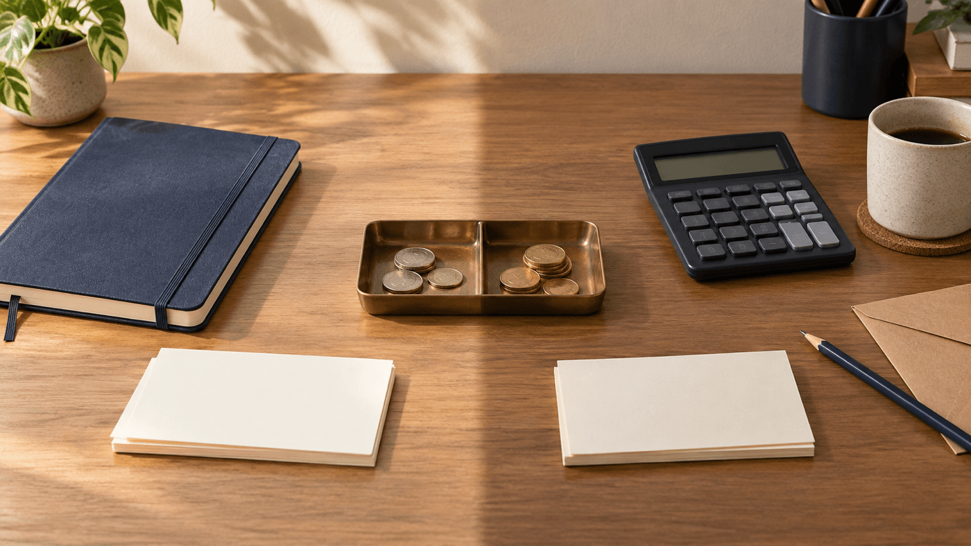 Editorial desk still life with a blank notebook, two-compartment coin tray, calculator and budgeting cards