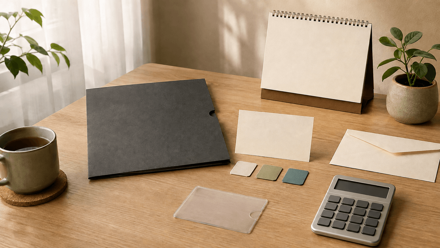 Warm editorial desk with a blank hospital folder, referral card, ward-choice tiles, calculator, calendar, and unbranded identity-card sleeve