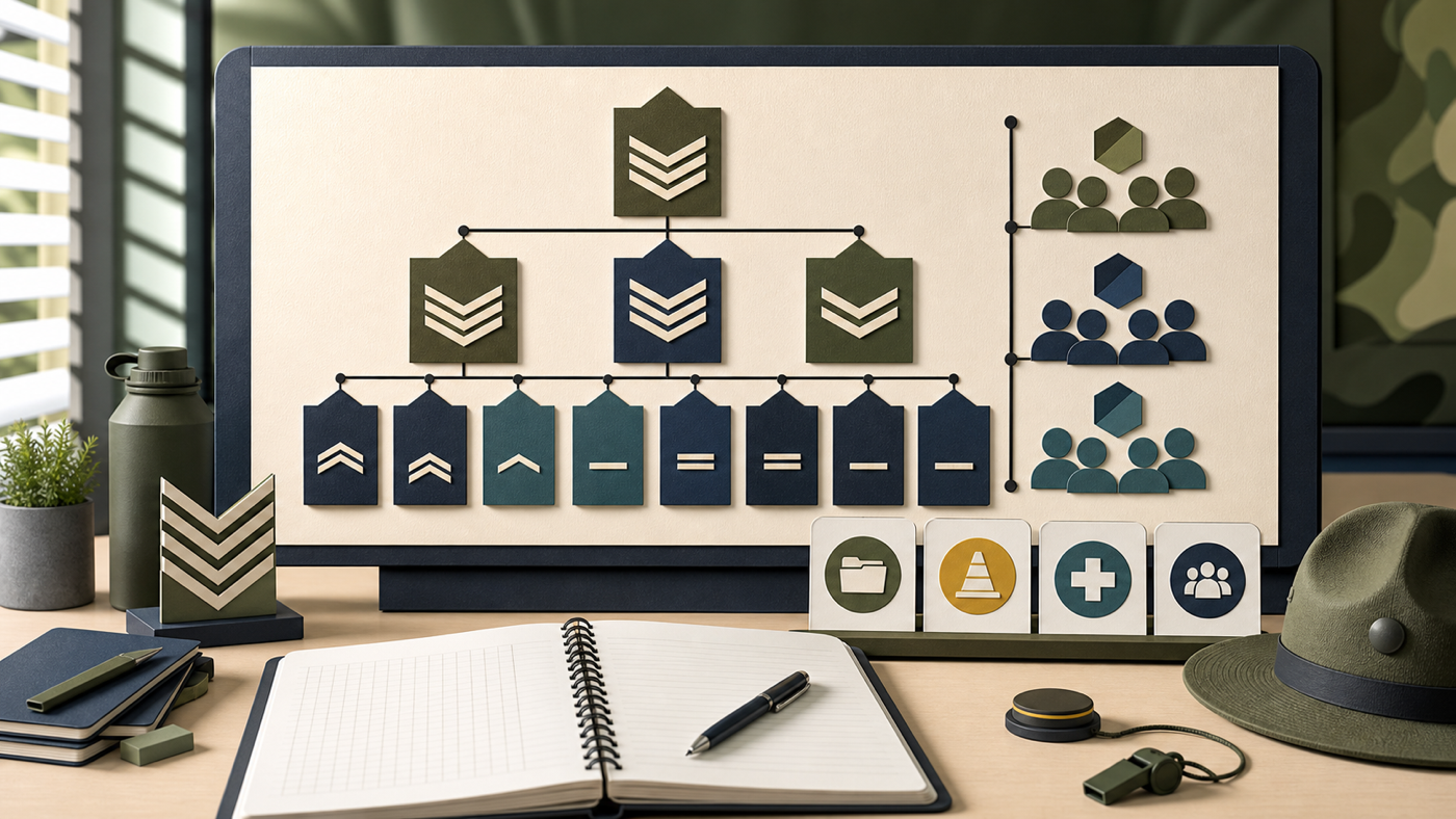 Editorial illustration of a first-week SAF rank and chain-of-command board with recruit notebook, drill marker, section line, and admin question cards