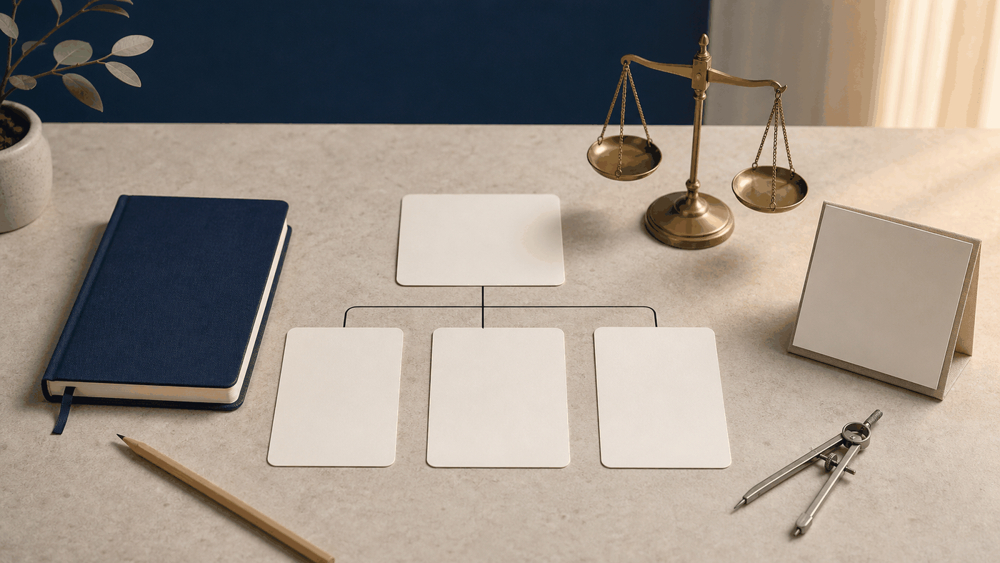 Warm editorial desk with four blank career-path cards, an unmarked balance scale, a closed notebook, pencil, compass, and calendar