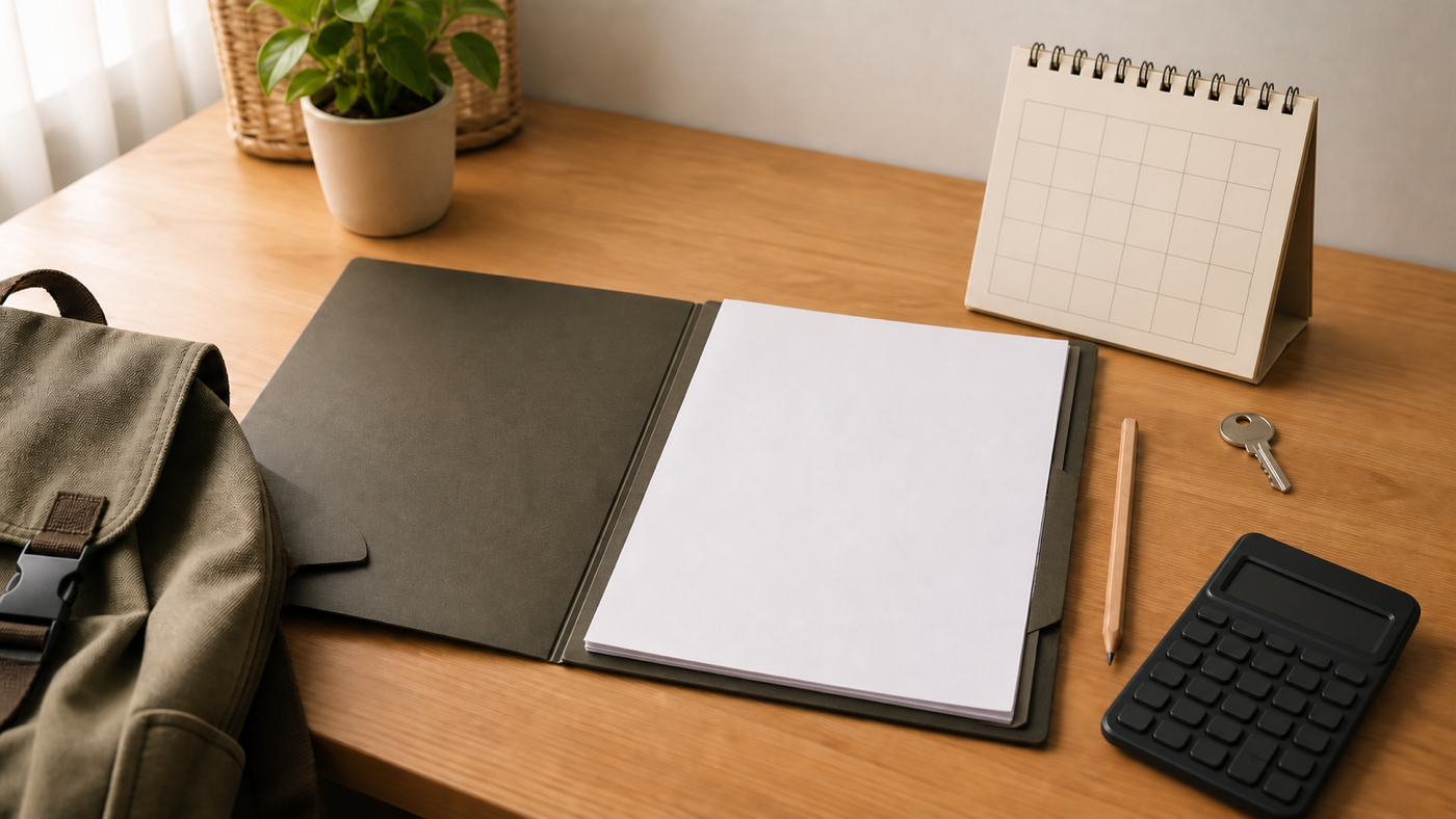 Warm editorial desk with a blank contract folder, blank calendar, unmarked calculator, pencil, key, and canvas backpack