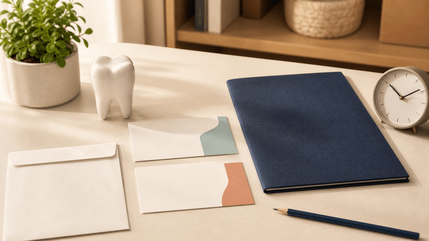 Warm editorial desk with a ceramic tooth model, blank dental folder, two cost-planning cards, receipt envelope, clock, pencil and plant