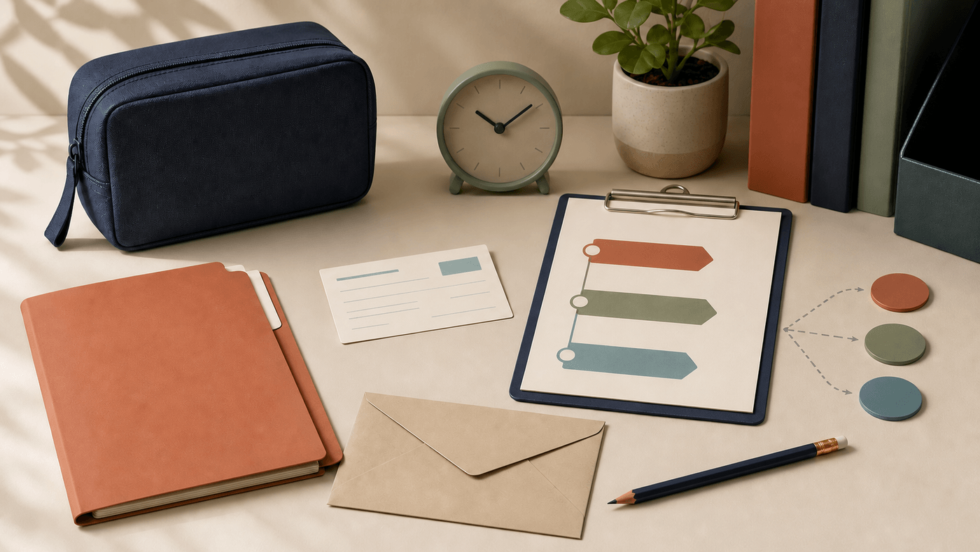 Warm editorial desk with a plain medical pouch, blank referral folder and appointment card, three-step route clipboard, clock, envelope and pencil