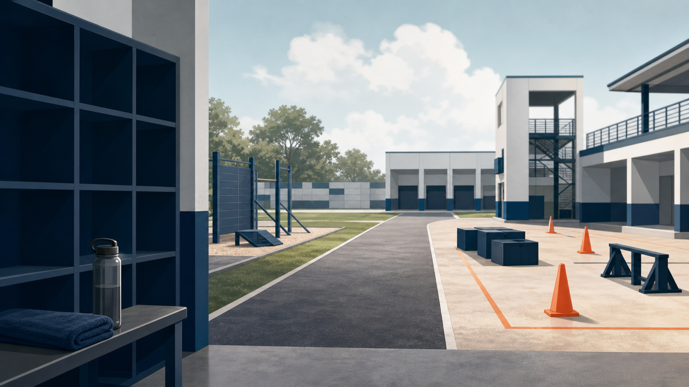 Neutral editorial illustration of an SCDF training-campus courtyard with blank gear shelves, training cones, low-rise blocks, and a clear pathway