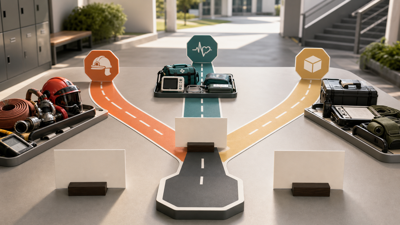 Neutral editorial illustration of generic post-training vocation pathways branching toward rescue, medical, and support equipment stations