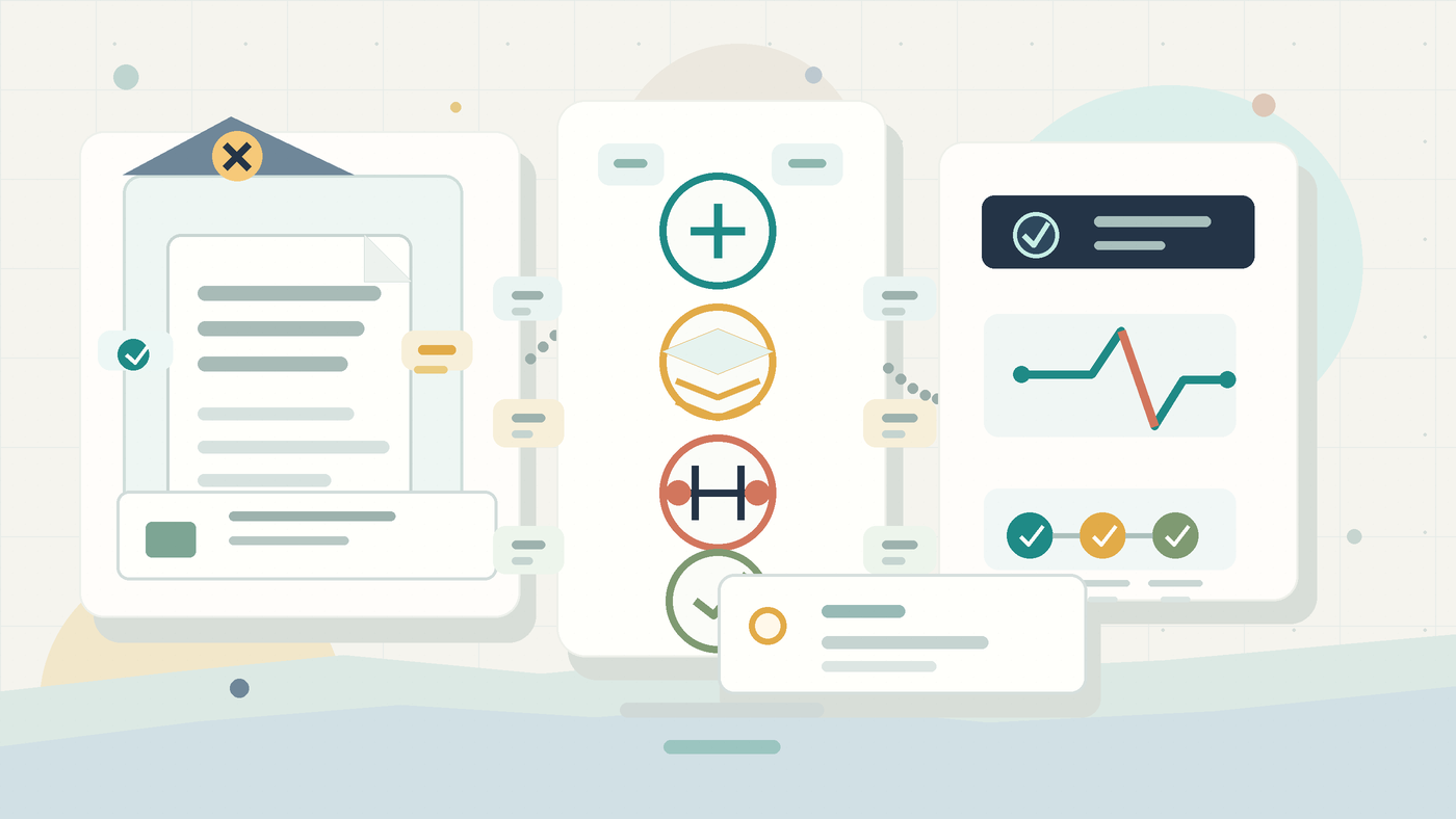 Neutral editorial illustration of specialist medical documents moving through an NS medical review checkpoint and decision path