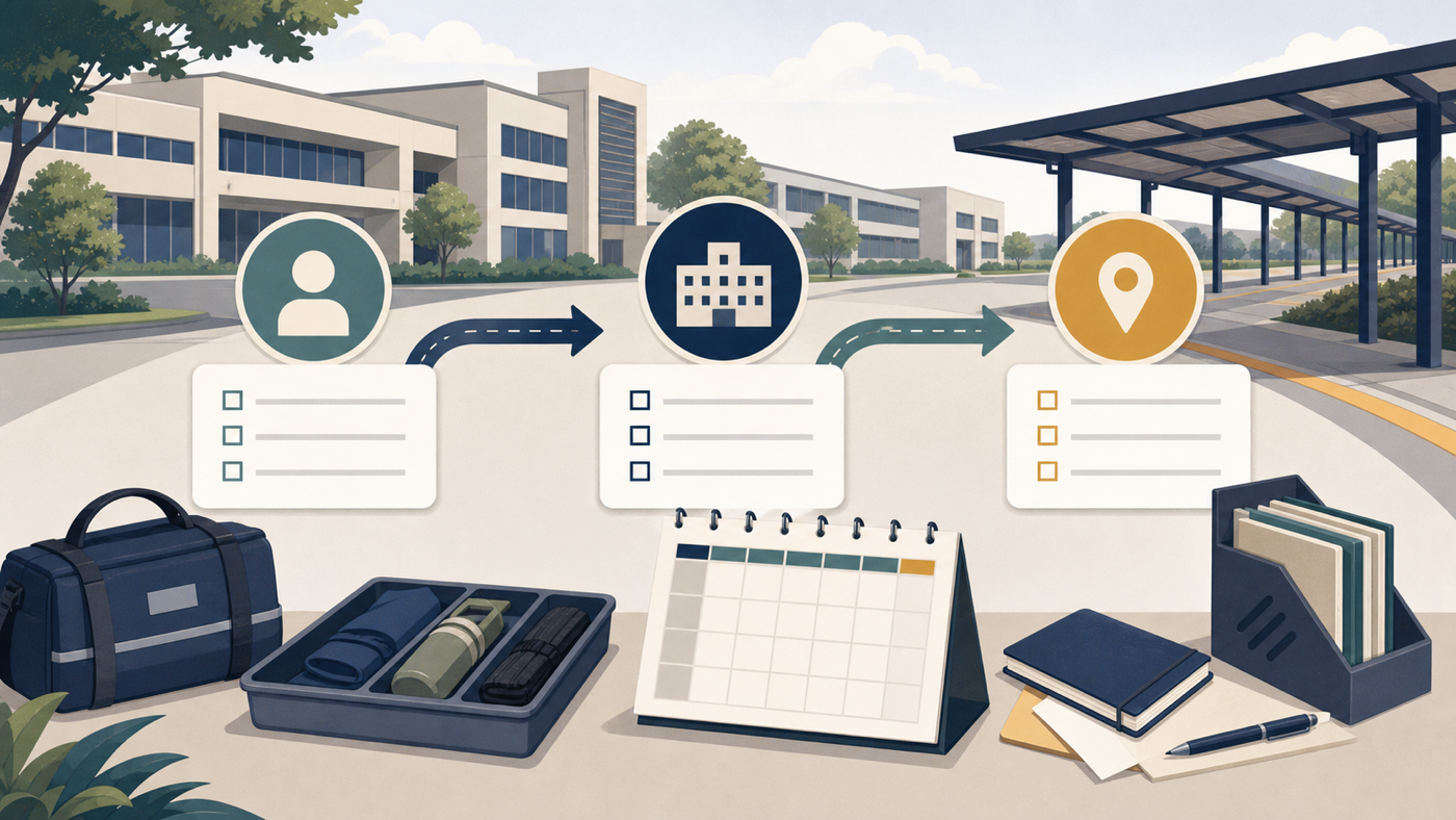 Neutral editorial illustration of a generic training academy pathway with blank checklist cards, a calendar, equipment trays, and campus buildings