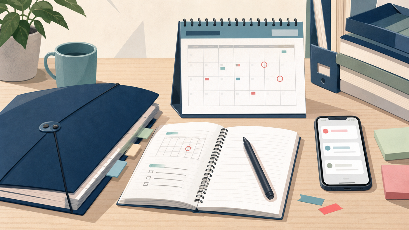 Editorial illustration of a university calendar, Home Team reservist planning folder, notebook, and generic phone notifications on a desk