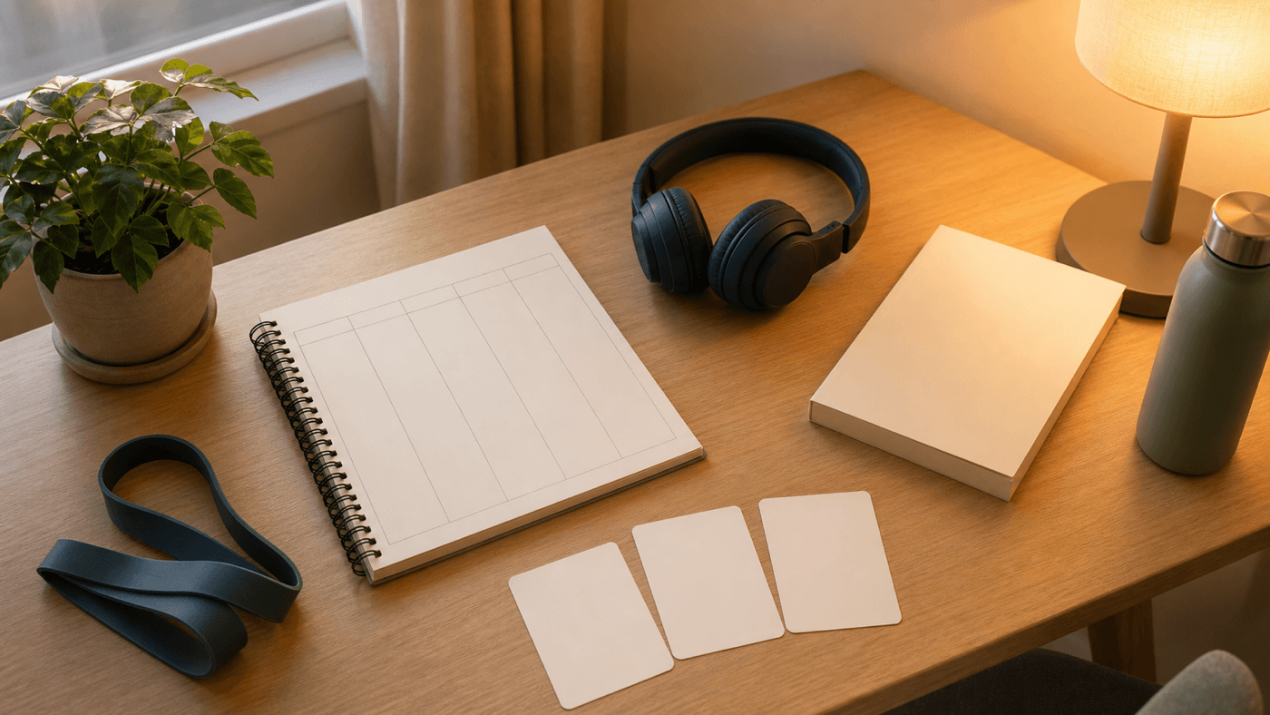 Warm home desk with a blank weekly planner, three blank choice cards, headphones, a plain book, resistance band, water bottle, and plant