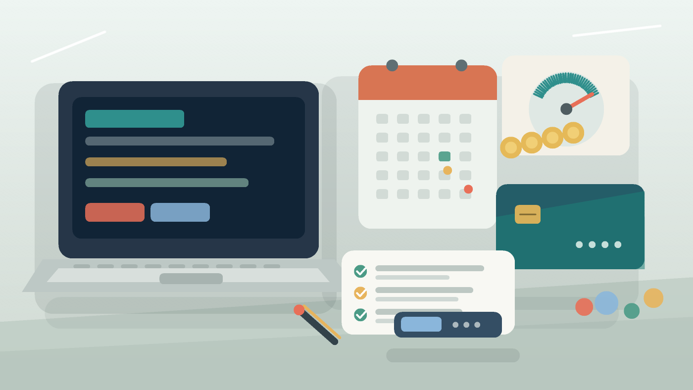 Editorial illustration of student reservist pay planning with a laptop, calendar, bank card, base NS Pay gauge, and ORNS checklist on a desk