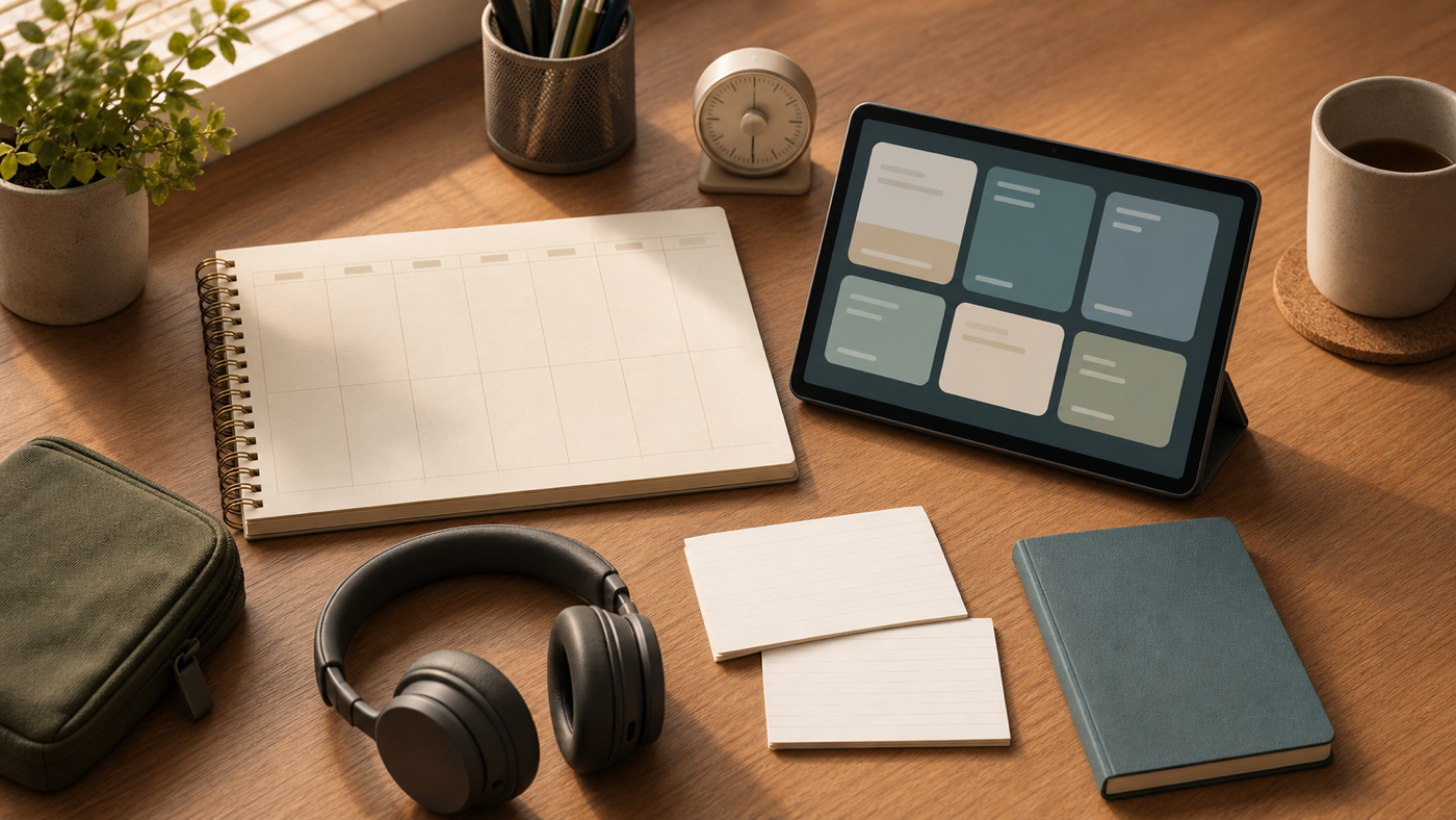 Warm editorial desk scene with a blank course planner, tablet showing abstract lesson cards, headphones, timer, and compact calendar