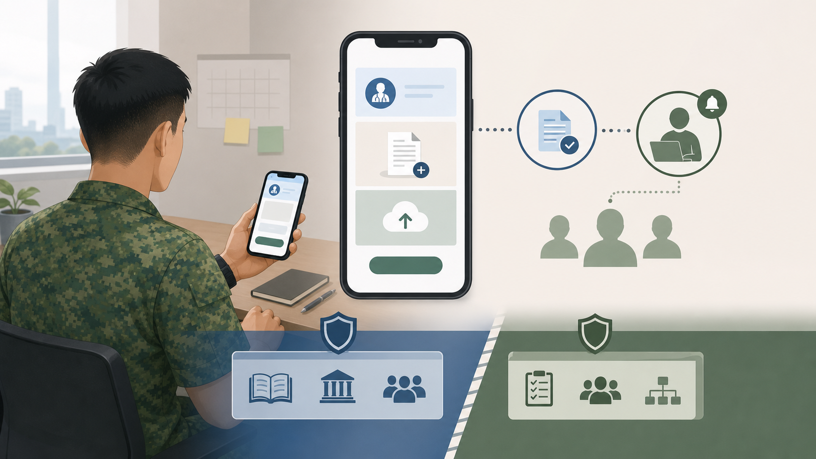 Neutral illustration of submitting a digital medical certificate through a generic app