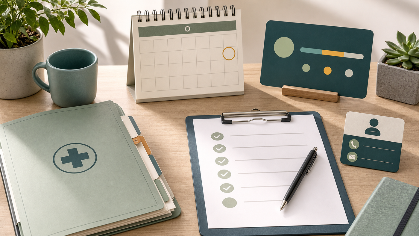 Editorial illustration of a temporary PES review checklist with a medical folder, expiry calendar, OneNS status panel, and unit contact card on a desk