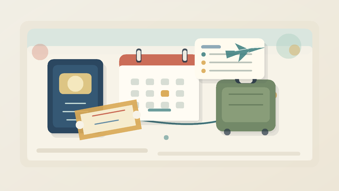 Neutral editorial illustration of a passport, travel ticket, suitcase, calendar, and enlistment checklist