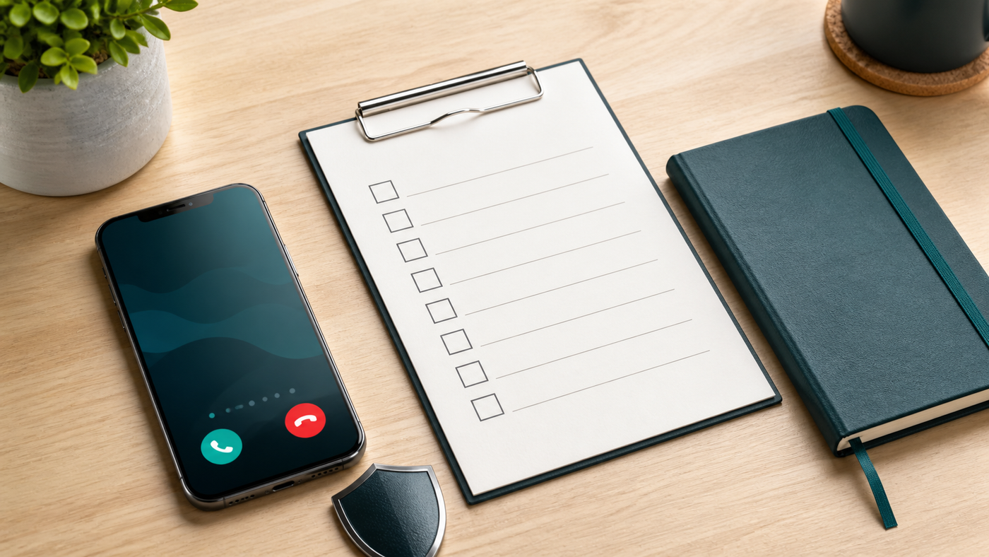 Phone beside a verification checklist, shield token and official-contact notebook