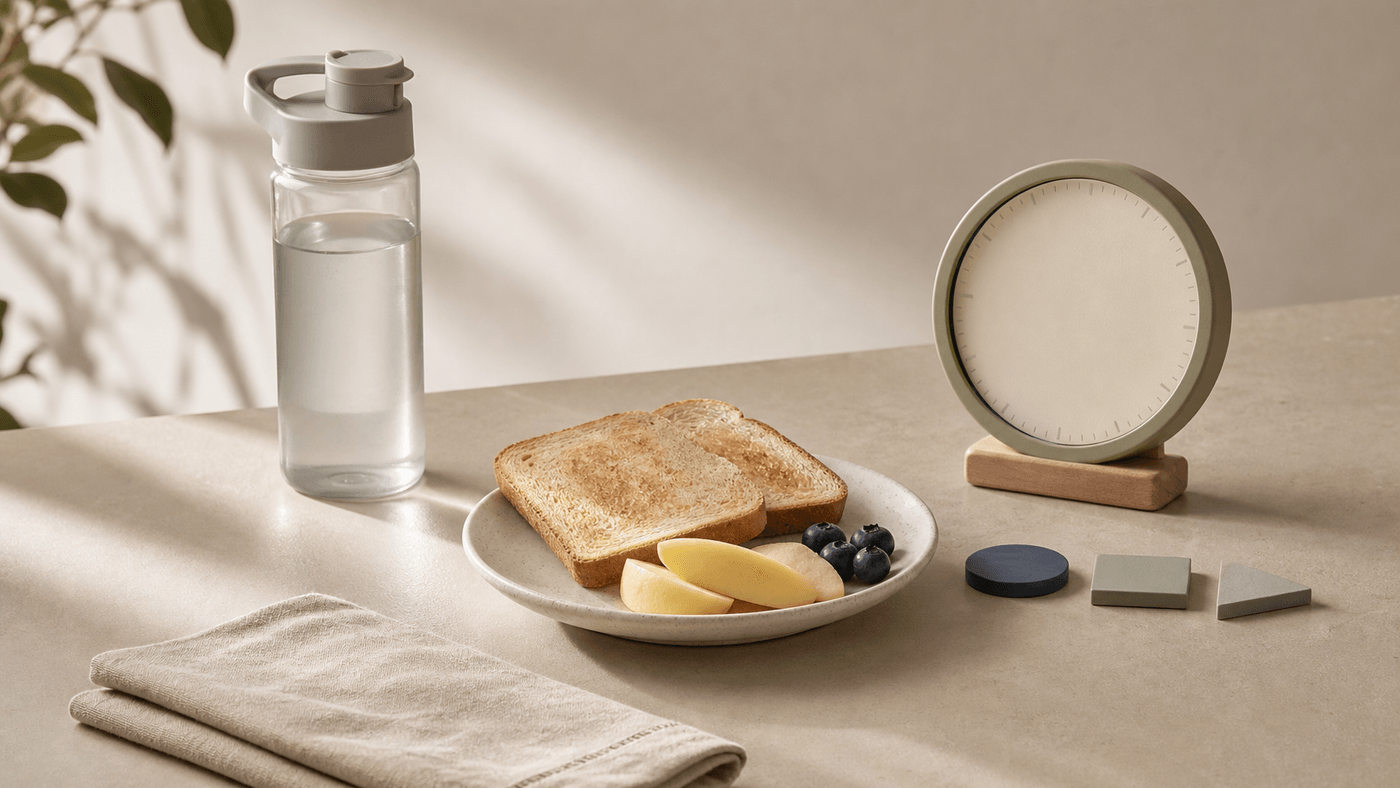 Warm editorial desk with a blank morning clock, simple toast and fruit, a plain water bottle, and three unmarked fitness tiles