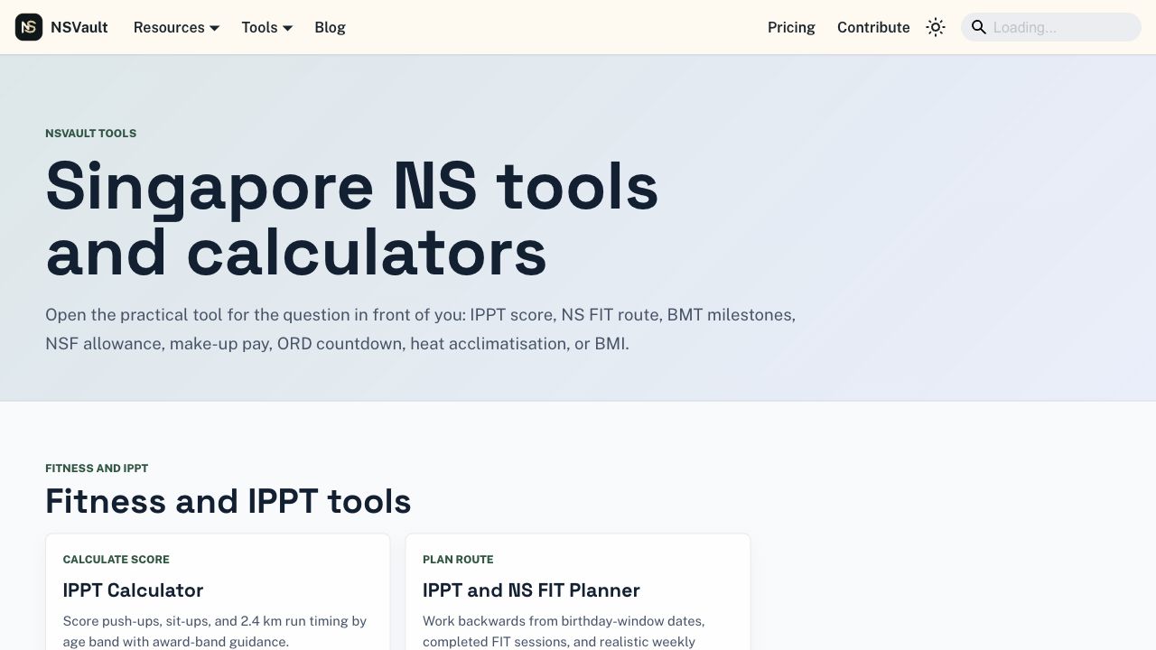 Screenshot of the NSVault tools hub with grouped Singapore NS calculators.